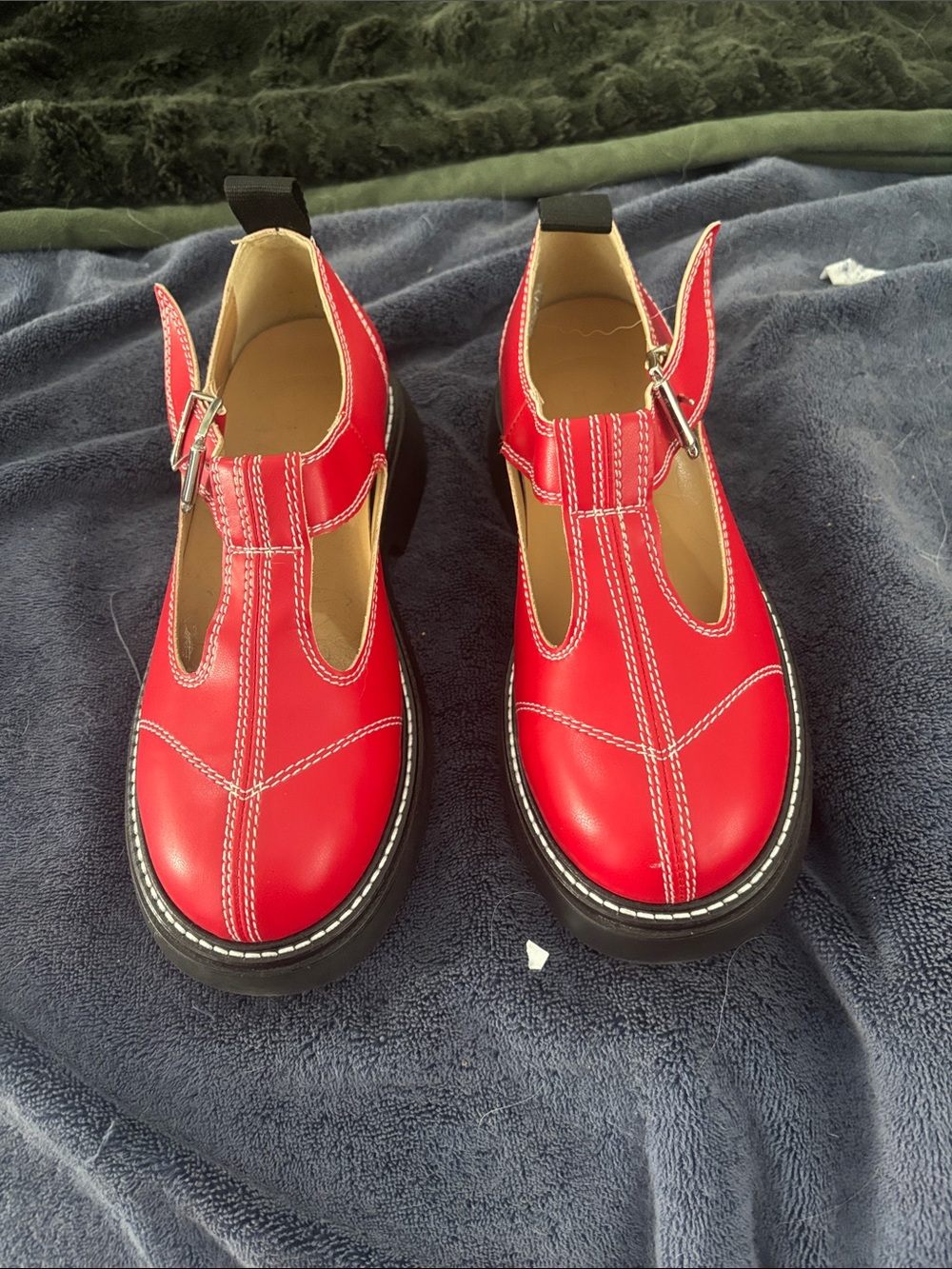 Ganni Red Leather T-Strap Chunky Sole Mules